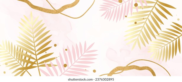 Luxury vector background with golden texture, lines with tropical golden leaves and pink leaves. Botanical illustration hand drawn with watercolor. For printing, banner, vip cards, template.	