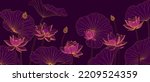 Luxury vector background with lotus flower, leaves and buds. Elegant floral wallpaper in minimalistic linear style. Stylish design for fabric, print, cover, banner, invitation, wrapping, wall art.