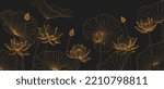 Luxury vector background with lotus flower, leaves and buds. Elegant floral wallpaper in minimalistic linear style. Stylish design for fabric, print, cover, banner, invitation, wrapping, wall art.