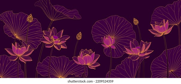 Luxury vector background with lotus flower, leaves and buds. Elegant floral wallpaper in minimalistic linear style. Stylish design for fabric, print, cover, banner, invitation, wrapping, wall art.