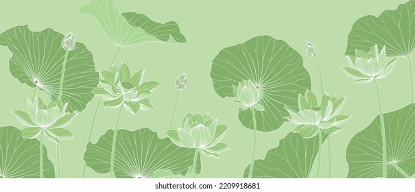 Luxury vector background with lotus flower, leaves and buds. Elegant floral wallpaper in minimalistic linear style. Stylish design for fabric, print, cover, banner, invitation, wrapping, wall art.