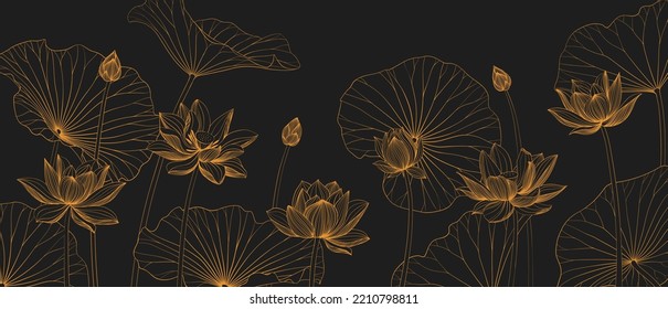 Luxury vector background with lotus flower, leaves and buds. Elegant floral wallpaper in minimalistic linear style. Stylish design for fabric, print, cover, banner, invitation, wrapping, wall art.