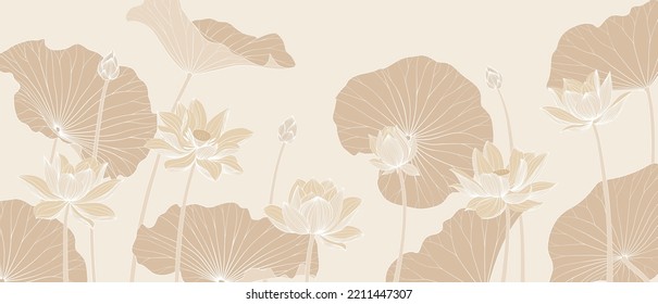 Luxury vector background with lotus flower, leaves and buds. Elegant floral wallpaper in minimalistic linear style. Stylish design for fabric, print, cover, banner, invitation, wrapping, wall art.