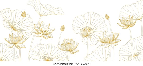 El fondo vectorial de lujo con flor de loto, hojas y brotes. Elegante tapiz floral de estilo lineal minimalista. Diseño elegante para tela, impresión, cubierta, banner, invitación, envoltura, arte de pared.