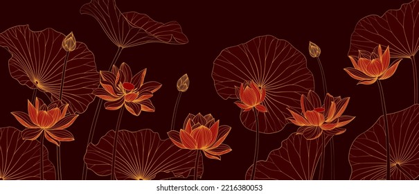 El fondo vectorial de lujo con flor de loto, hojas y brotes. Elegante tapiz floral de estilo lineal minimalista. Diseño elegante para tela, impresión, cubierta, banner, invitación, envoltura, arte de pared.