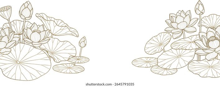 Fundo vetor de luxo com flor de lótus, folhas e botões. Papel de parede floral elegante em estilo linear minimalista.