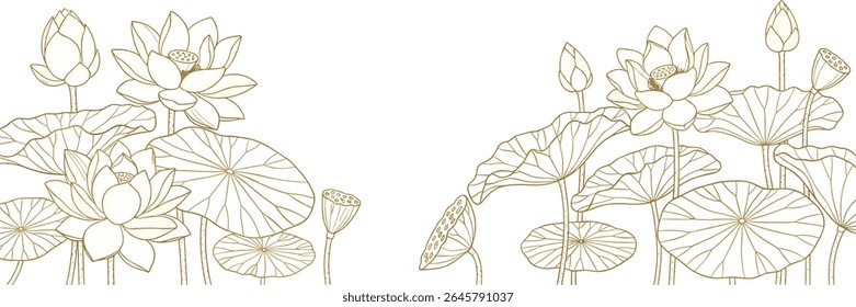 Fundo vetor de luxo com flor de lótus, folhas e botões. Papel de parede floral elegante em estilo linear minimalista.
