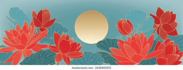 Luxury vector background with red flowers, blue water lilies and moon. Asian poster