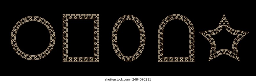 Luxury vector collection of golden borders in the shape of square, circle, star, oval isolated on black background. Braided frame chain.
