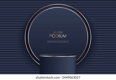 Luxury vector dark blue 3D podium with golden elements for product display, presentation, trading cards, discounts and promotions.