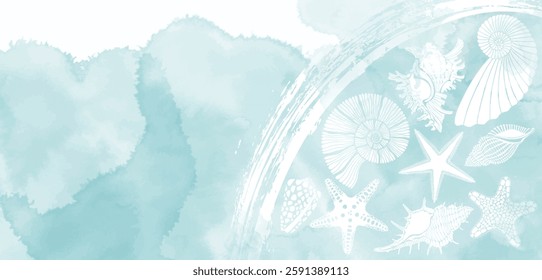 Luxury vector design with shells, starfish, nautilus, sea creatures and watercolor splash. Template design for text, packaging and prints. Art sea background. 