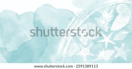 Luxury vector design with shells, starfish, nautilus, sea creatures and watercolor splash. Template design for text, packaging and prints. Art sea background. 