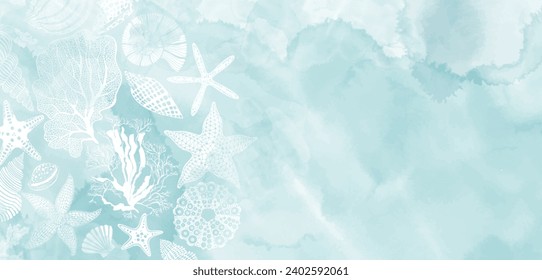 Luxury vector design. Underwater plants, shells, starfish, corals, sea creatures on a blue watercolor background. Template design for text, packaging and prints. Art sea background. 