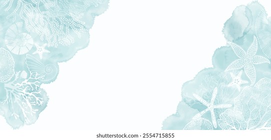 Luxury vector design with underwater plants, shells, starfish, corals, sea creatures and  watercolor splash. Template design for text, packaging and prints. Art sea background. Corner composition.