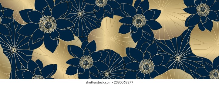 Luxury vector floral background with golden flowers and water lily leaves. Dark background for decor, wallpaper, covers, cards and presentations.