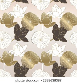 Luxury vector floral seamless pattern with golden water lily flowers and leaves.