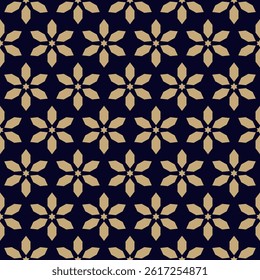 Luxury vector floral seamless pattern. Abstract golden geometric ornamental texture with small flowers, stars. Black and gold ornament in oriental style. Stylish modern background. Repeating design