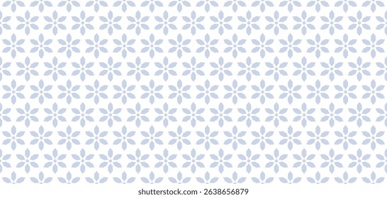Luxury vector floral seamless pattern. Subtle abstract geometric ornamental texture with small flowers, stars. Blue and white ornament in oriental style. Islamic art background. Repeated geo design