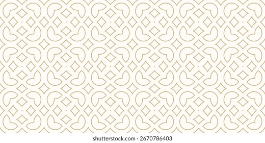 Patrón sin fisuras floral de Vector de lujo en estilo oriental. Textura dorada y blanca con flores de contorno, hojas, diamantes, líneas curvas. Abstractas diseño de fondo geométrico. Ornamento arabesco dorado