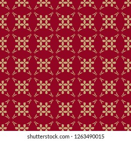 Luxury vector geometric seamless pattern. Gold and burgundy color. Abstract background with carved grid, floral shapes, small rounded mesh, net, lattice, repeat tiles. Golden texture in Asian style