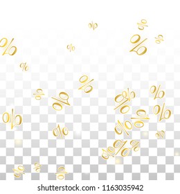 Luxury Vector Gold Percentage Sign Confetti on Transparent. Percent Sale Background. Business, Economics Print. Discount Illustration. Promotion Poster. Black Friday Banner. Special offer Template.