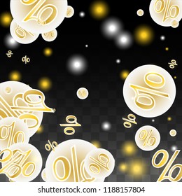 Luxury Vector Gold Percentage Sign Confetti on Transparent. Percent Sale Background. Business, Economics Print. Discount Illustration. Promotion Poster. Black Friday Banner. Special offer Template.