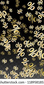 Luxury Vector Gold Percentage Sign Confetti on Transparent. Percent Sale Background. Business, Economics Print. Discount Illustration. Promotion Poster. Black Friday Banner. Special offer Template.