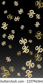 Luxury Vector Gold Percentage Sign Confetti on Transparent. Percent Sale Background. Business, Economics Print. Discount Illustration. Promotion Poster. Black Friday Banner. Special offer Template.