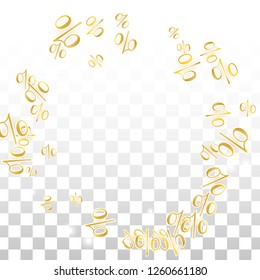 Luxury Vector Gold Percentage Sign Confetti on Transparent. Percent Sale Background. Business, Economics Print. Discount Illustration. Promotion Poster. Black Friday Banner. Special offer Template.