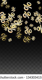 Luxury Vector Gold Percentage Sign Confetti on Transparent. Percent Sale Background. Business, Economics Print. Discount Illustration. Promotion Poster. Black Friday Banner. Special offer Template.