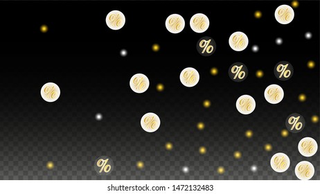 Luxury Vector Gold Percentage Sign Confetti on Transparent. Percent Sale Background. Business, Economics Print. Discount Illustration. Promotion Poster. Black Friday Banner. Special offer Template.