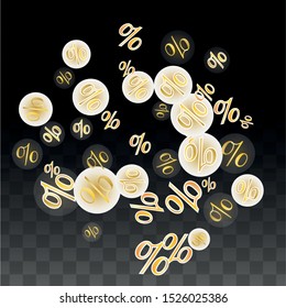 Luxury Vector Gold Percentage Sign Confetti on Transparent. Percent Sale Background. Business, Economics Print. Discount Illustration. Promotion Poster. Black Friday Banner. Special offer Template.