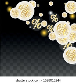 Luxury Vector Gold Percentage Sign Confetti on Transparent. Percent Sale Background. Business, Economics Print. Discount Illustration. Promotion Poster. Black Friday Banner. Special offer Template.