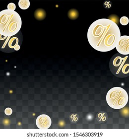 Luxury Vector Gold Percentage Sign Confetti on Transparent. Percent Sale Background. Business, Economics Print. Discount Illustration. Promotion Poster. Black Friday Banner. Special offer Template.