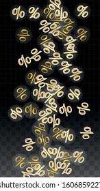 Luxury Vector Gold Percentage Sign Confetti on Transparent. Percent Sale Background. Business, Economics Print. Discount Illustration. Promotion Poster. Black Friday Banner. Special offer Template.