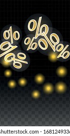 Luxury Vector Gold Percentage Sign Confetti on Transparent. Percent Sale Background. Business, Economics Print. Discount Illustration. Promotion Poster. Black Friday Banner. Special offer Template.