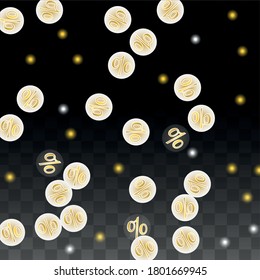 Luxury Vector Gold Percentage Sign Confetti on Transparent. Percent Sale Background. Business, Economics Print. Discount Illustration. Promotion Poster. Black Friday Banner. Special offer Template.