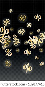 Luxury Vector Gold Percentage Sign Confetti on Transparent. Percent Sale Background. Business, Economics Print. Discount Illustration. Promotion Poster. Black Friday Banner. Special offer Template.