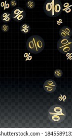 Luxury Vector Gold Percentage Sign Confetti on Transparent. Percent Sale Background. Business, Economics Print. Discount Illustration. Promotion Poster. Black Friday Banner. Special offer Template.