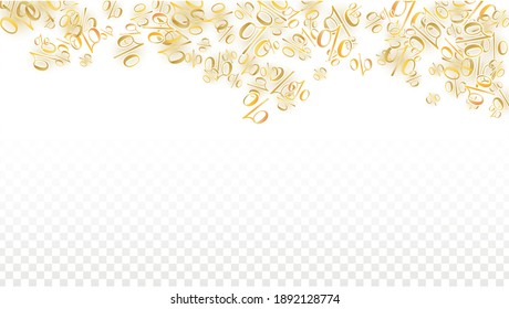 Luxury Vector Gold Percentage Sign Confetti on Transparent. Percent Sale Background. Business, Economics Print. Discount Illustration. Promotion Poster. Black Friday Banner. Special offer Template.