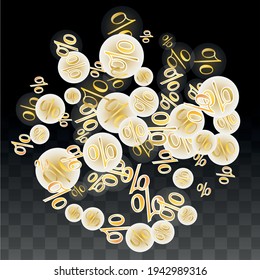 Luxury Vector Gold Percentage Sign Confetti on Transparent. Percent Sale Background. Business, Economics Print. Discount Illustration. Promotion Poster. Black Friday Banner. Special offer Template.
