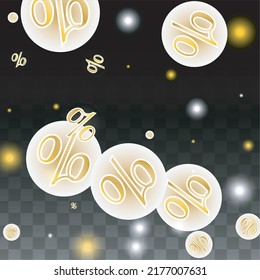 Luxury Vector Gold Percentage Sign Confetti on Transparent. Percent Sale Background. Business, Economics Print. Discount Illustration. Promotion Poster. Black Friday Banner. Special offer Template.