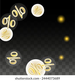 Luxury Vector Gold Percentage Sign Confetti on Transparent. Percent Sale Background. Business, Economics Print. Discount Illustration. Promotion Poster. Black Friday Banner. Special offer Template.