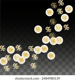 Luxury Vector Gold Percentage Sign Confetti on Transparent. Percent Sale Background. Business, Economics Print. Discount Illustration. Promotion Poster. Black Friday Banner. Special offer Template.