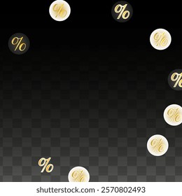 Luxury Vector Gold Percentage Sign Confetti on Transparent. Percent Sale Background. Business, Economics Print. Discount Illustration. Promotion Poster. Black Friday Banner. Special offer Template.
