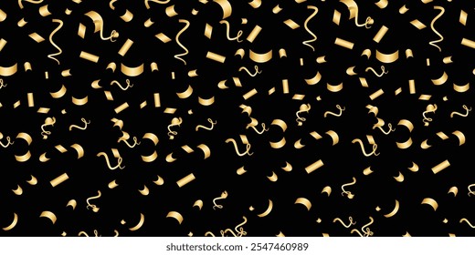 Vetor de luxo Confete dourado isolado no fundo preto. Dispersão de gradiente com confete dourado no fundo escuro. Glamour caindo brilhante. Ano novo papel de parede .brochura modelo. Design de textura da tampa.