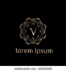 Luxury vector golden logo for boutique, restaurant, hotel. Letter V monogram. Golden flower illustration