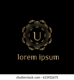 Luxury vector golden logo for boutique, restaurant, hotel. Letter U monogram. Golden flower illustration