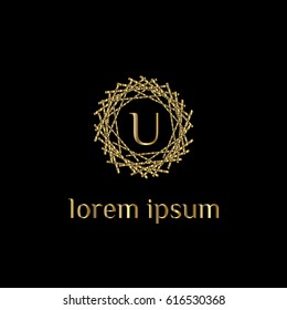 Luxury vector golden logo for boutique, restaurant, hotel, resort. Letter U stylish monogram (emblem, sign, symbol)
