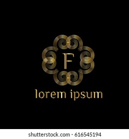 Luxury vector golden logo for boutique, restaurant, hotel, resort. Letter F stylish monogram (emblem, sign, symbol)